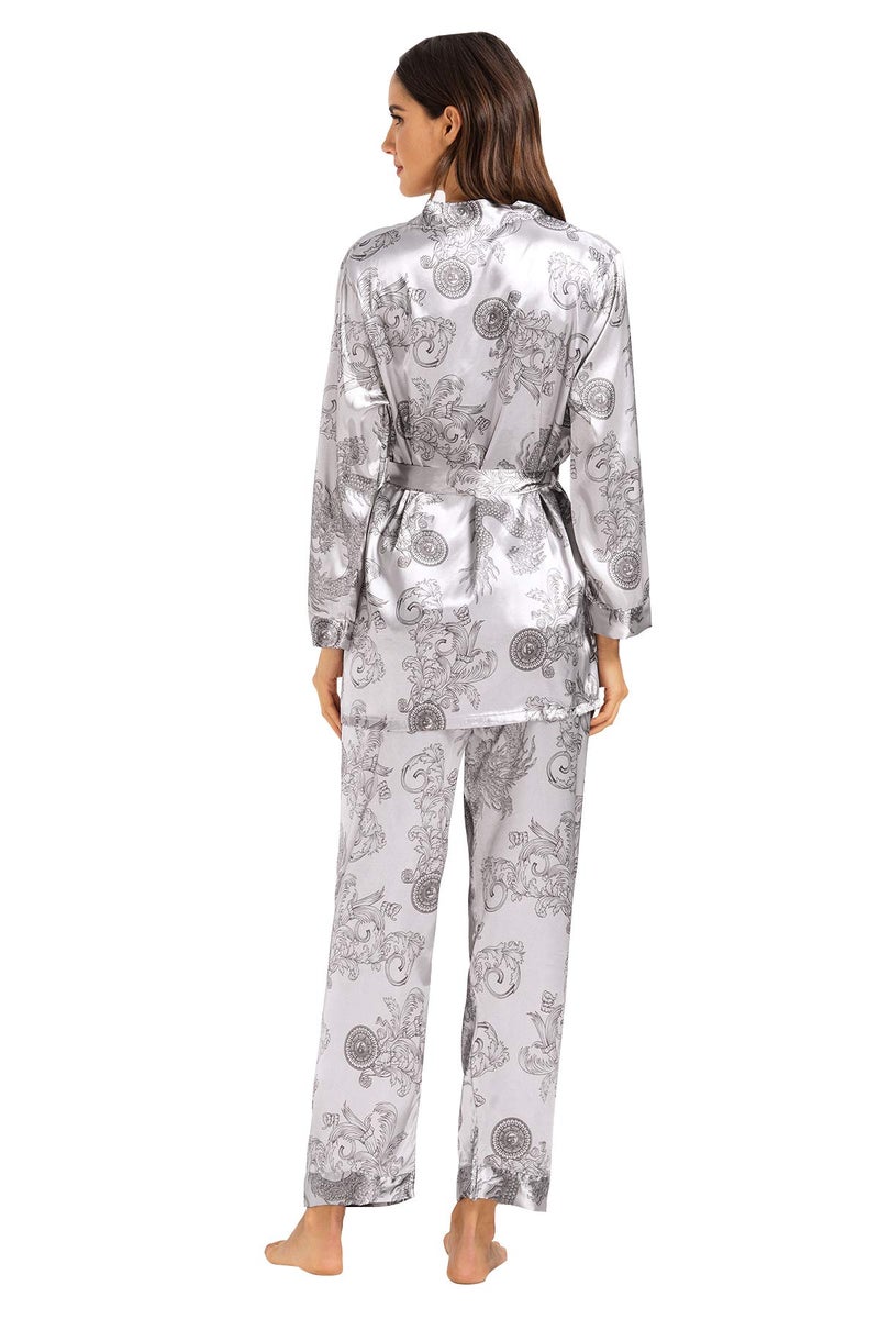 Escalier Women's Silk Satin Pajamas Set 3 Pcs Floral Silky Pj Sets Sleepwear Cami Nightwear with Robe and Pants Grey L - Image 5
